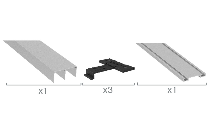 BOXED KIT 1 PANNEAU: 1 x Rail supérieur I 3 x Clip plastique l 1 x Rail inférieur